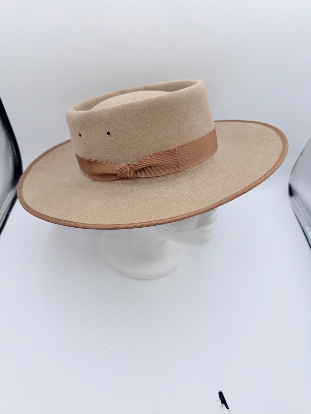 Helen Kaminski Wide-Brim Wool Fedora in Light Tan with Brown Band